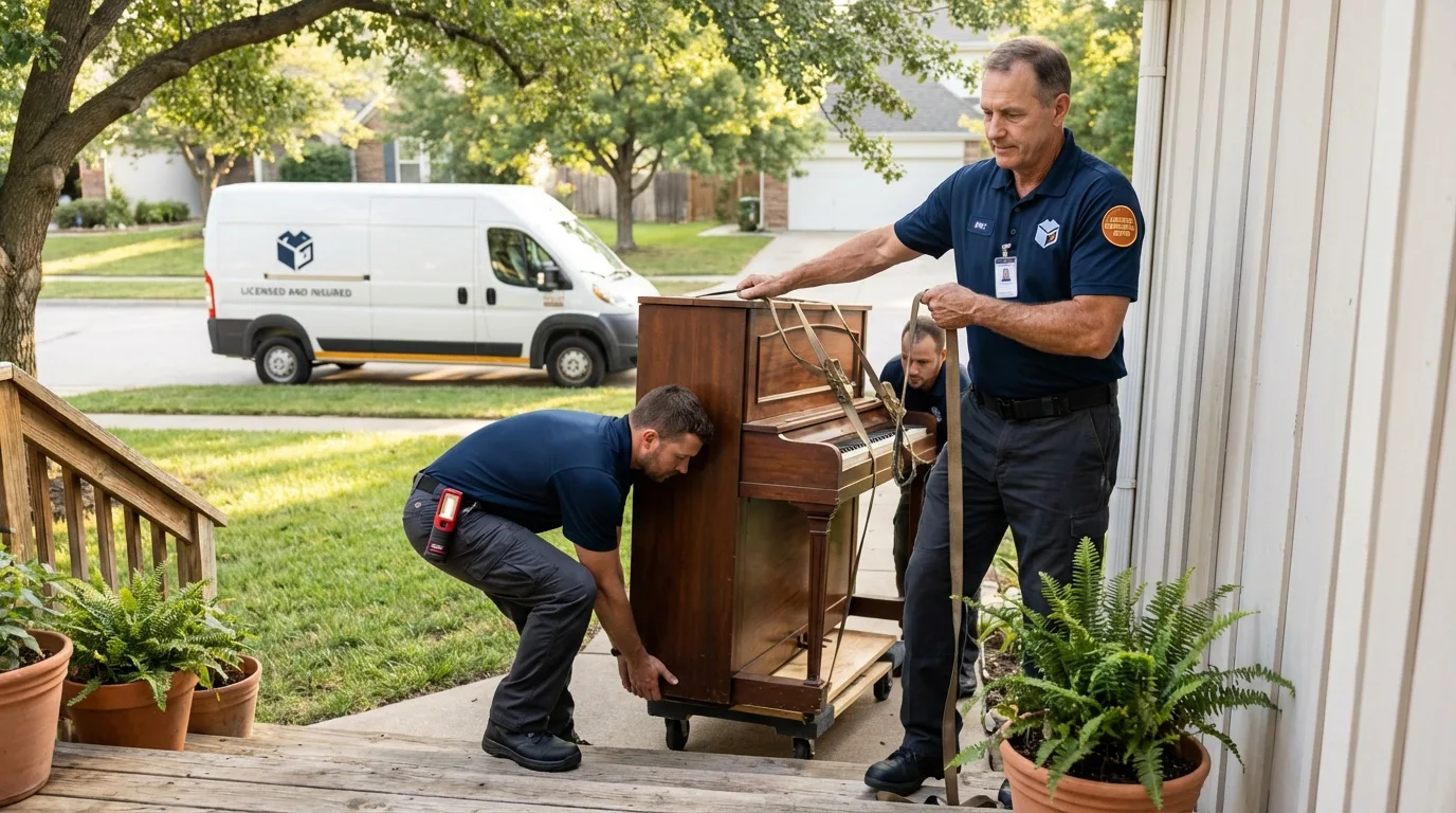 Licensed piano movers securing grand piano in Northern Cambria, PA