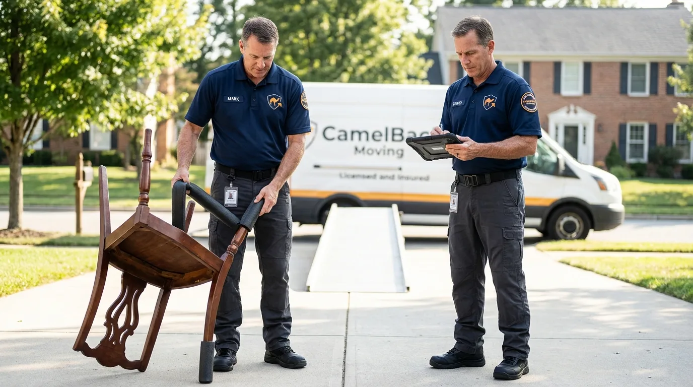Movers inspecting furniture for damage prevention before loading in Northern Cambria, PA