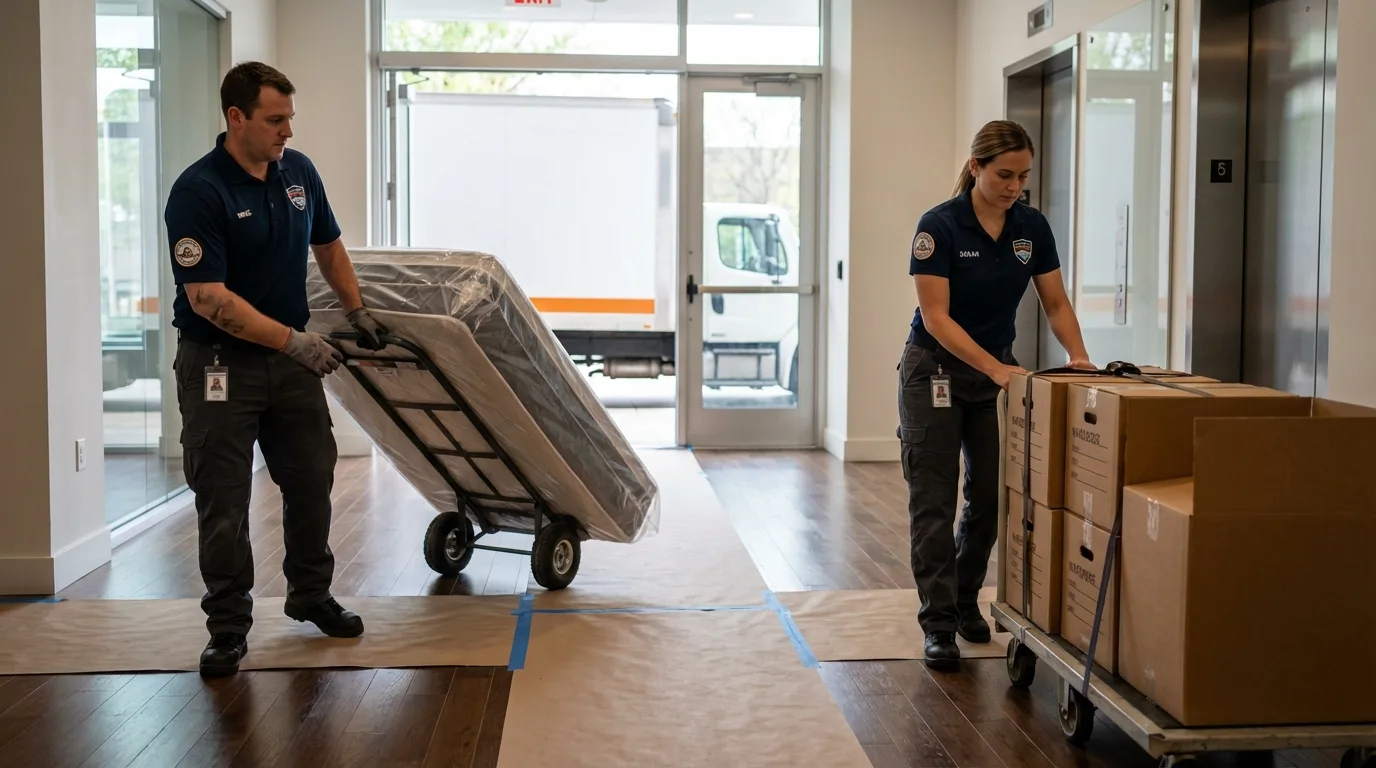 Professional apartment movers loading elevator in Northern Cambria, PA