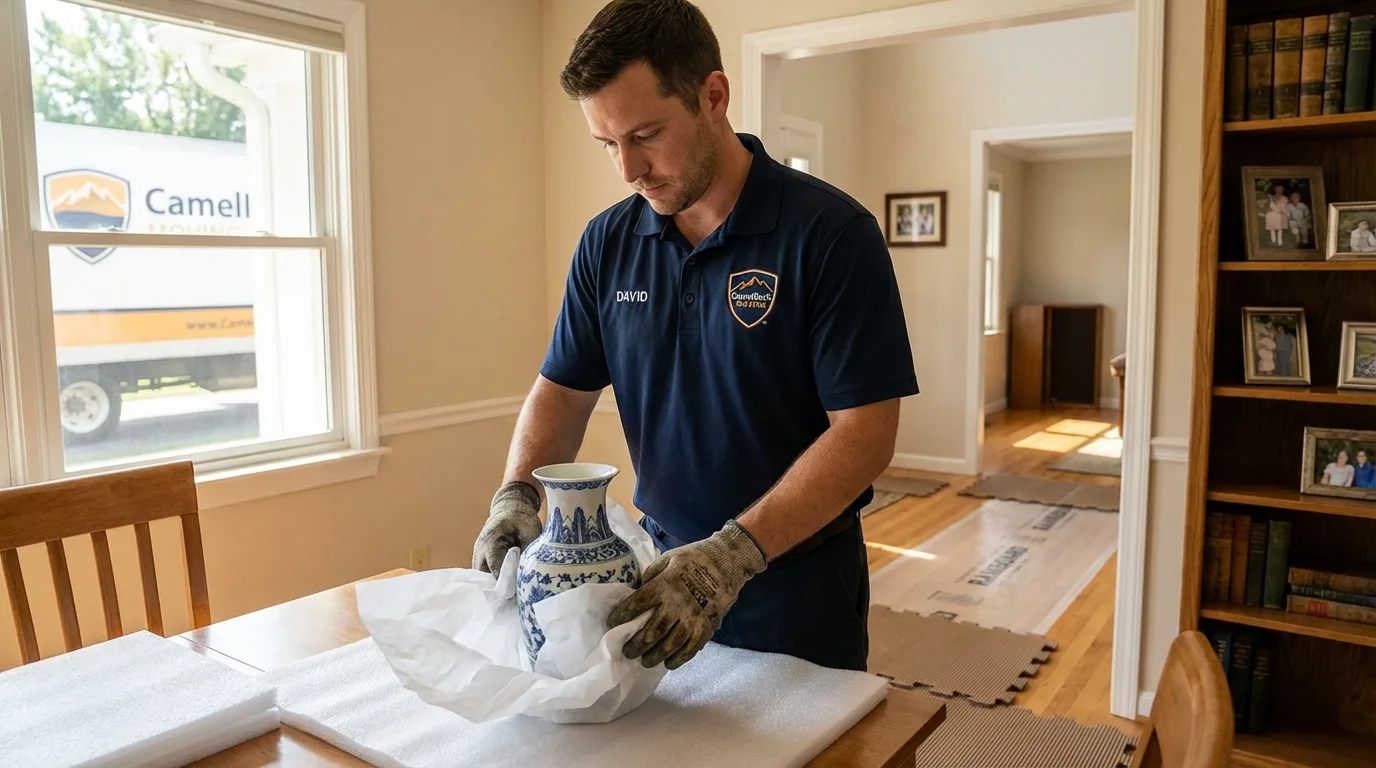 Professional crew carefully wrapping antique vase for senior downsizing move in Northern Cambria, PA
